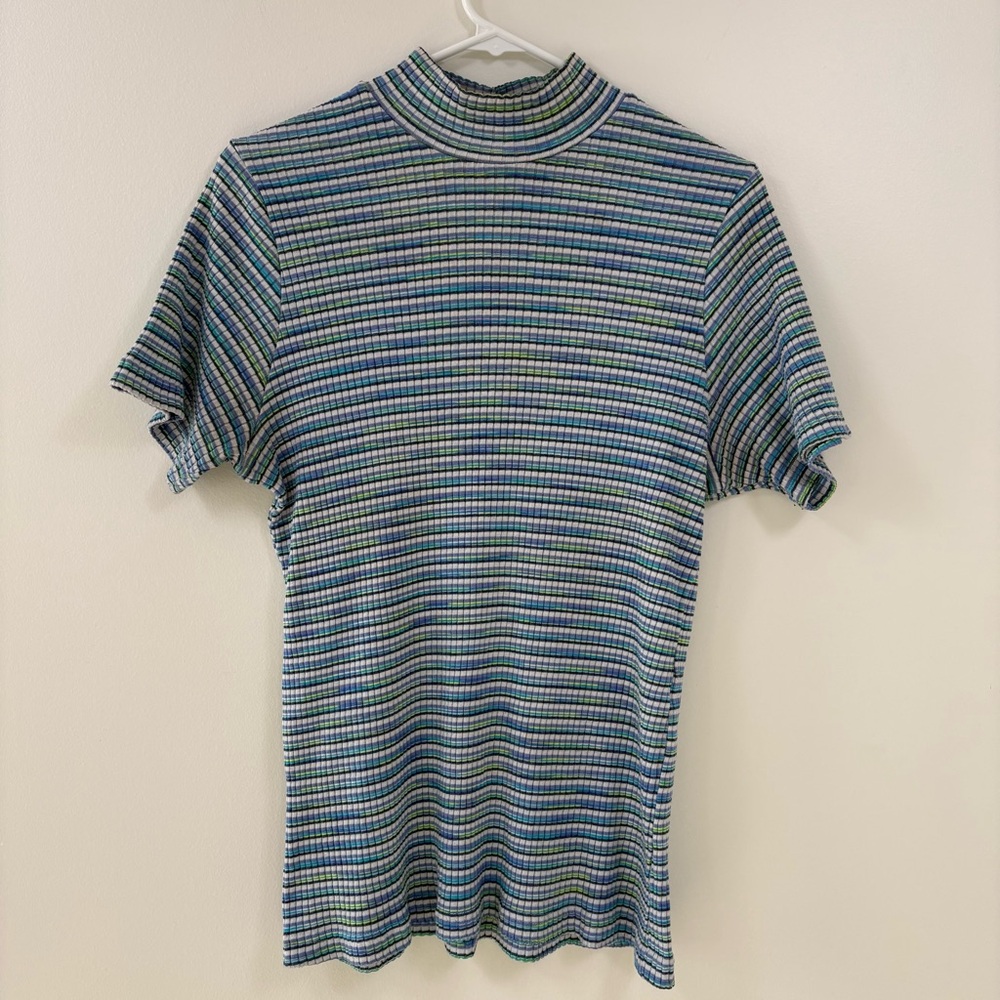 VNTG 90’s Retro Grunge Blue Green Ribbed Mock Turtleneck Shirt Top. Womens 14/16